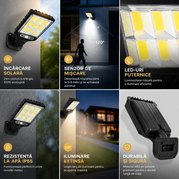 4+1 GRATIS ! Lampă Solară Dasgut 160W cu 80 LED COB, 3500 Lumeni, 9 Celule, Senzor de Mișcare și Inducție, Telecomandă, 3 Moduri de Iluminare, IP65, Autonomie până la 10 Ore