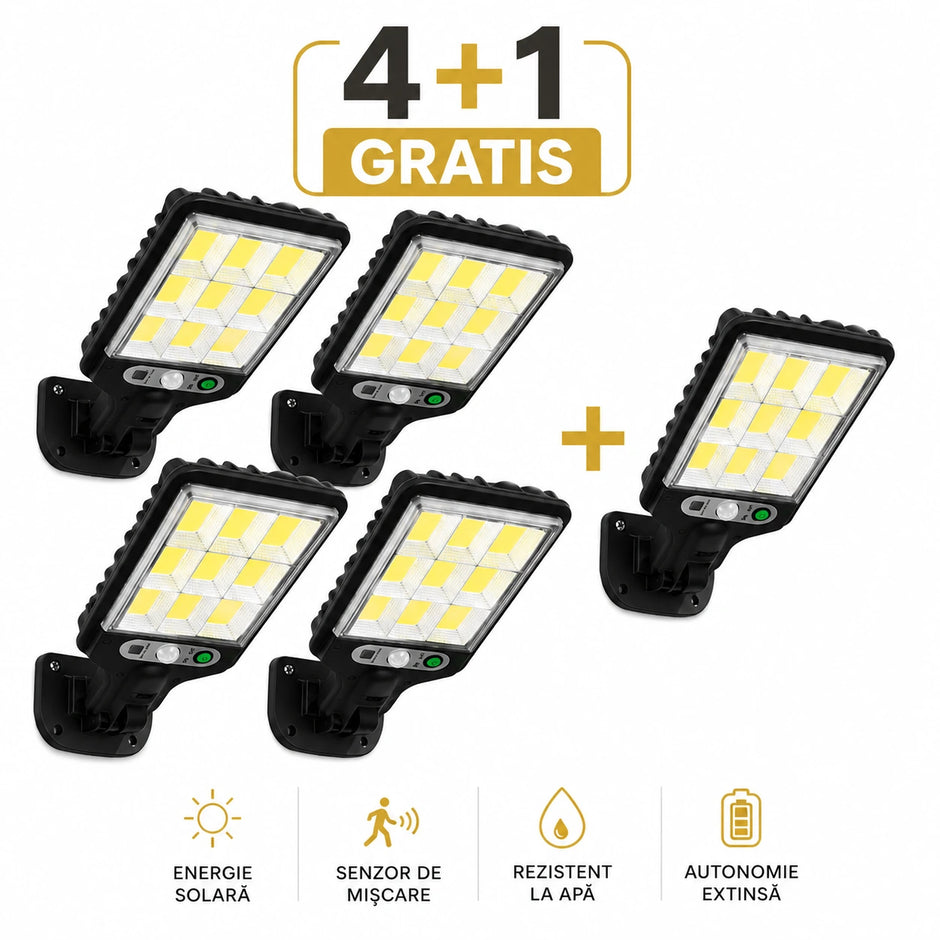 4+1 GRATIS ! Lampă Solară Dasgut 160W cu 80 LED COB, 3500 Lumeni, 9 Celule, Senzor de Mișcare și Inducție, Telecomandă, 3 Moduri de Iluminare, IP65, Autonomie până la 10 Ore