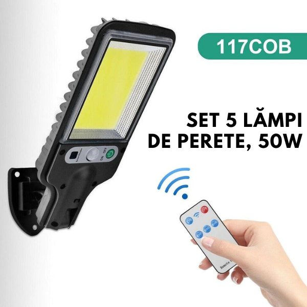 Set 5  x Lampi Solare de Perete cu 117 LED-uri COB, 3 Moduri de Functionare, Telecomanda, Senzor de Miscare si Lumina