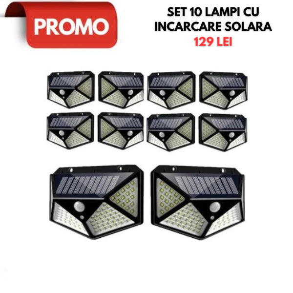 Set 10 x Lampa cu Incarcare Solara , Senzor de Miscare, 3 Moduri de Iluminare, 100 LED, Prindere pe Perete